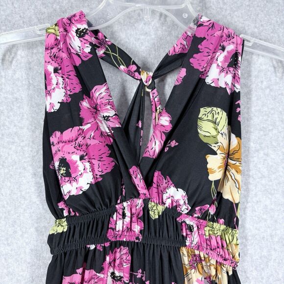 Womens Dress Sz Med Twisted Cross Back Halter Knee Length Pink Green Floral - Picture 2 of 8
